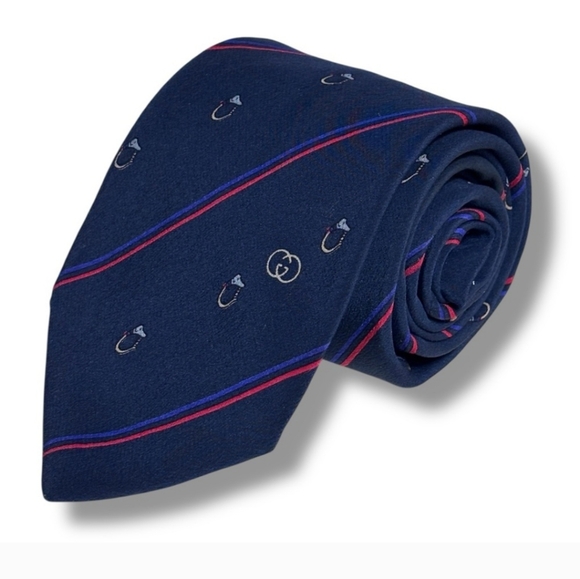 GUCCI Navy Silk Tie with Stripes & Circle Bit Pattern VINTAGE - Picture 1 of 7